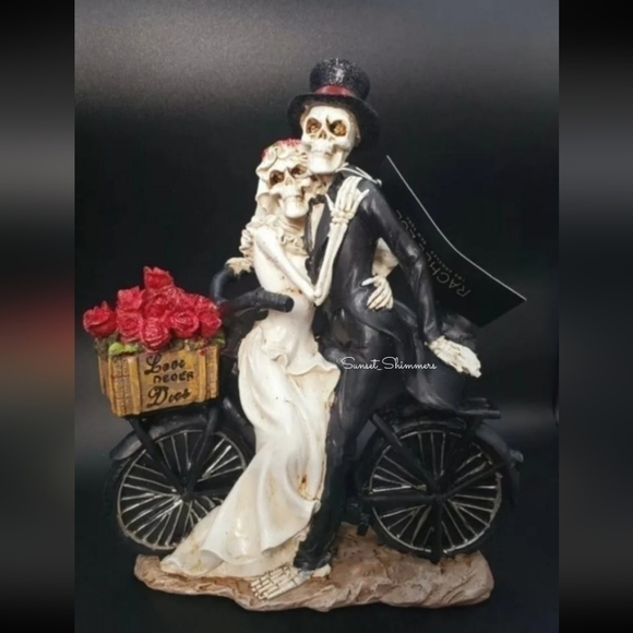 WHITE Wedding Love Never Dies Skeleton Bride Groom on Bike Valentines Figurine - Picture 1 of 11